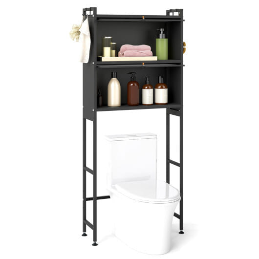 Over-the-toilet Cabinet Bathroom Organizer with 2 Flip-up Cabinets-Black - Color: Black