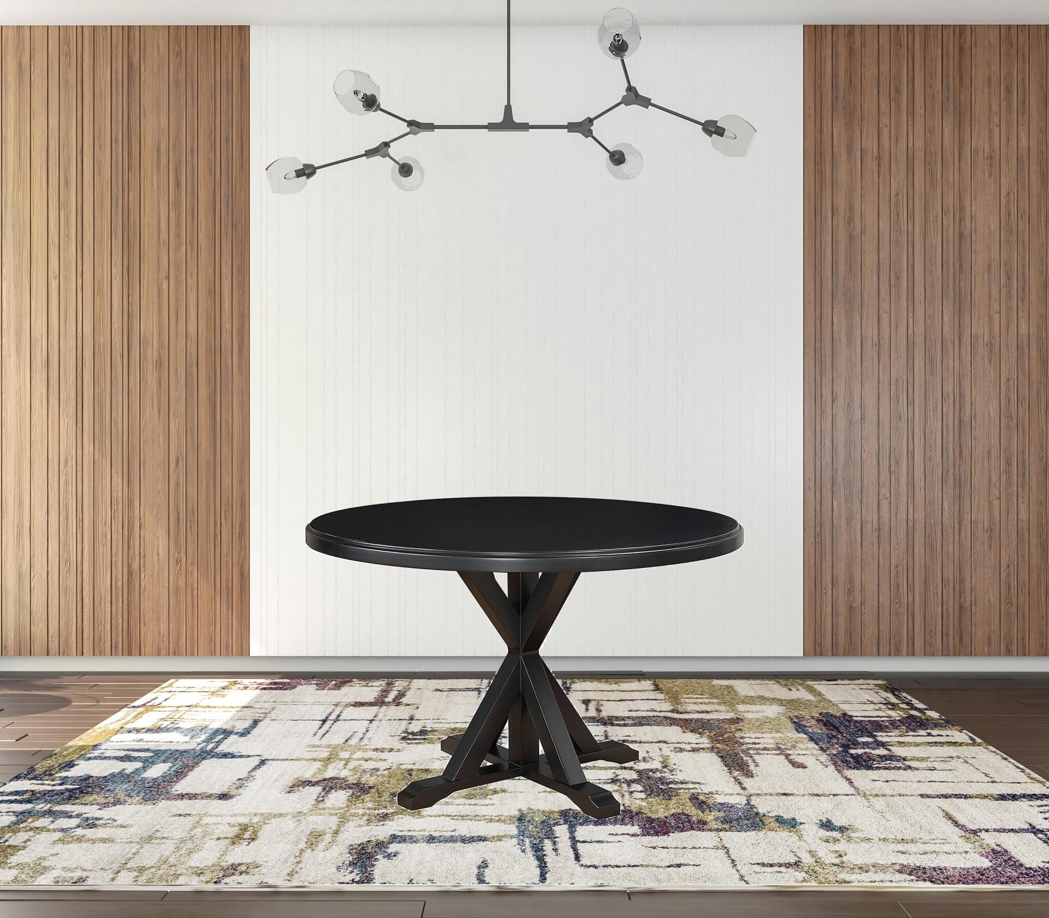 48" Black Rounded Solid Manufactured Wood And Solid Wood Pedestal Base Dining Table