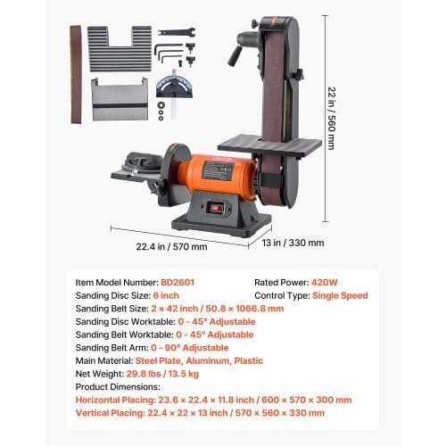 6" Disc Sander & 2" x 42" Belt Sander, 420W Professional Bench Belt Disc Sanders Combo with Multiple Angle Adjustments for DIY Woodworking, Furniture Refinishing, Knife Sharpening