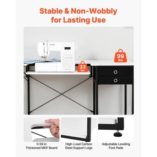 Sewing Table, Multipurpose Sewing Machine Table with Drawers, Foldable Side Shelf, Adjustable Shelf, Steel Legs, Computer Desk for Home, Fashion Studio, Art Studio, Educational Institution