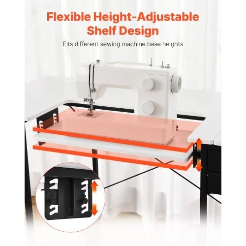 Sewing Table, Multipurpose Sewing Machine Table with Drawers, Foldable Side Shelf, Adjustable Shelf, Steel Legs, Computer Desk for Home, Fashion Studio, Art Studio, Educational Institution