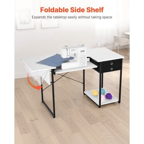 Sewing Table, Multipurpose Sewing Machine Table with Drawers, Foldable Side Shelf, Adjustable Shelf, Steel Legs, Computer Desk for Home, Fashion Studio, Art Studio, Educational Institution