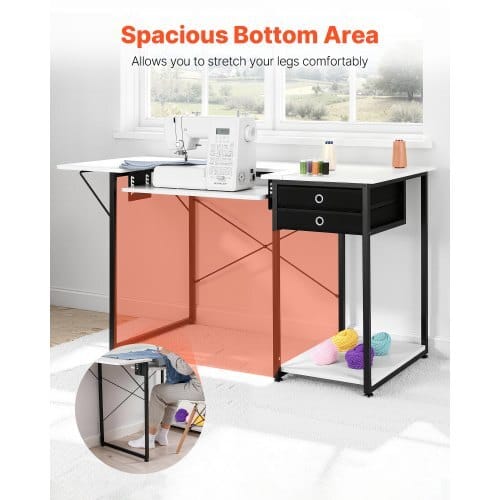 Sewing Table, Multipurpose Sewing Machine Table with Drawers, Foldable Side Shelf, Adjustable Shelf, Steel Legs, Computer Desk for Home, Fashion Studio, Art Studio, Educational Institution