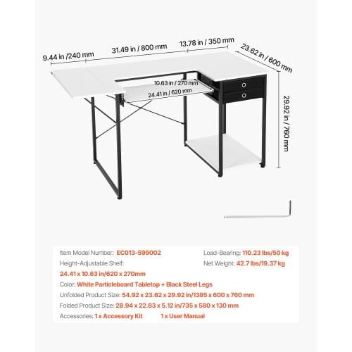 Sewing Table, Multipurpose Sewing Machine Table with Drawers, Foldable Side Shelf, Adjustable Shelf, Steel Legs, Computer Desk for Home, Fashion Studio, Art Studio, Educational Institution