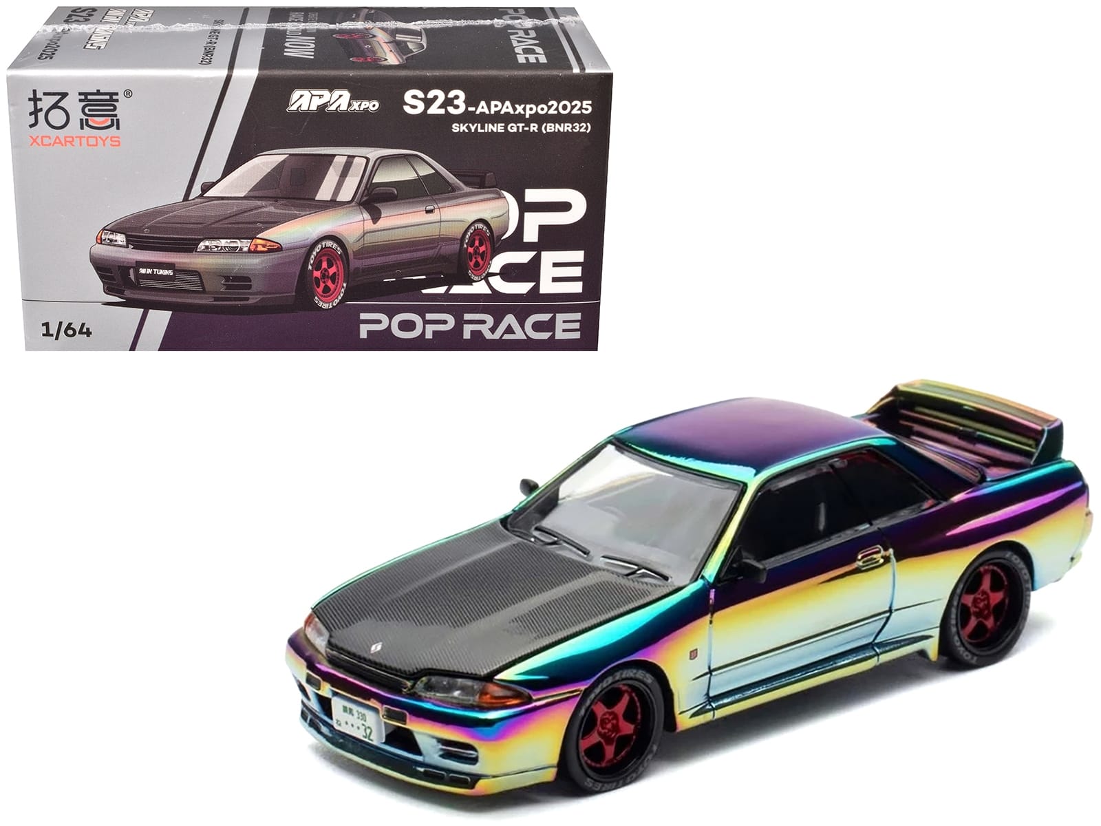 Skyline GT-R (BNR32) RHD (Right Hand Drive) Chameleon Chrome with Carbon Hood "APA XPO 2025 Exclusive 1/64 Diecast Model Car by Pop Race