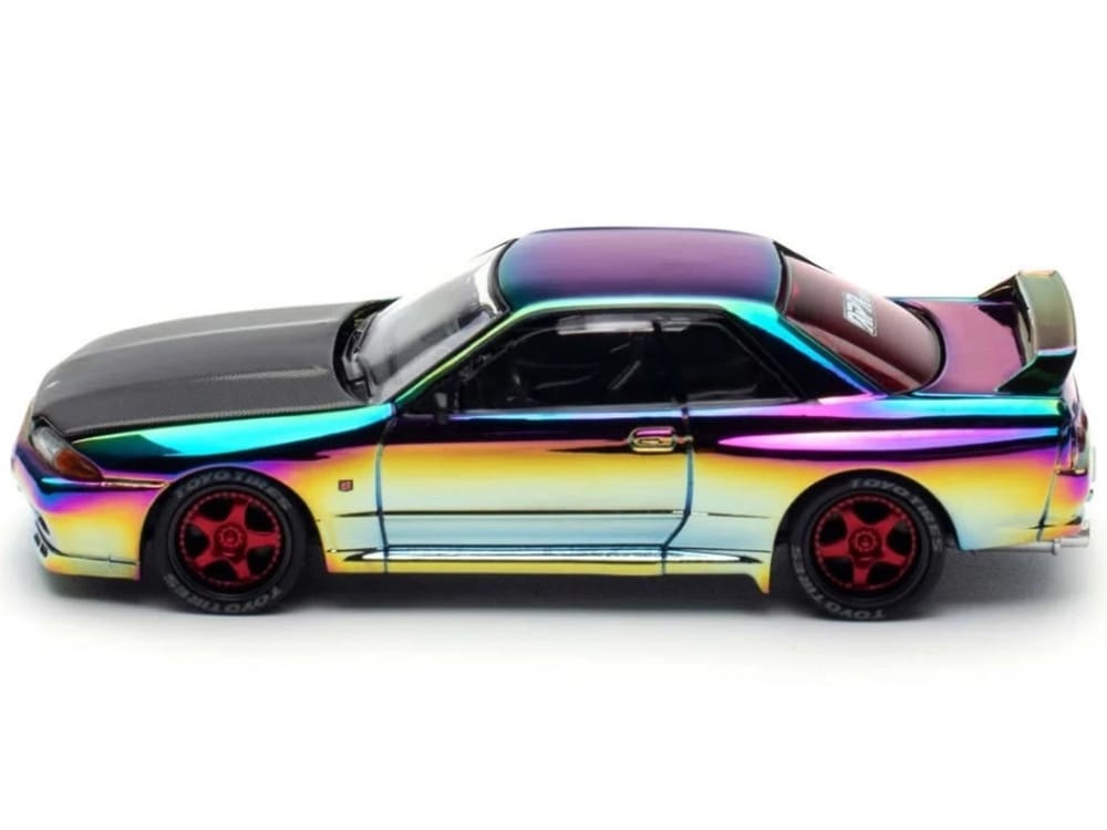 Skyline GT-R (BNR32) RHD (Right Hand Drive) Chameleon Chrome with Carbon Hood "APA XPO 2025 Exclusive 1/64 Diecast Model Car by Pop Race