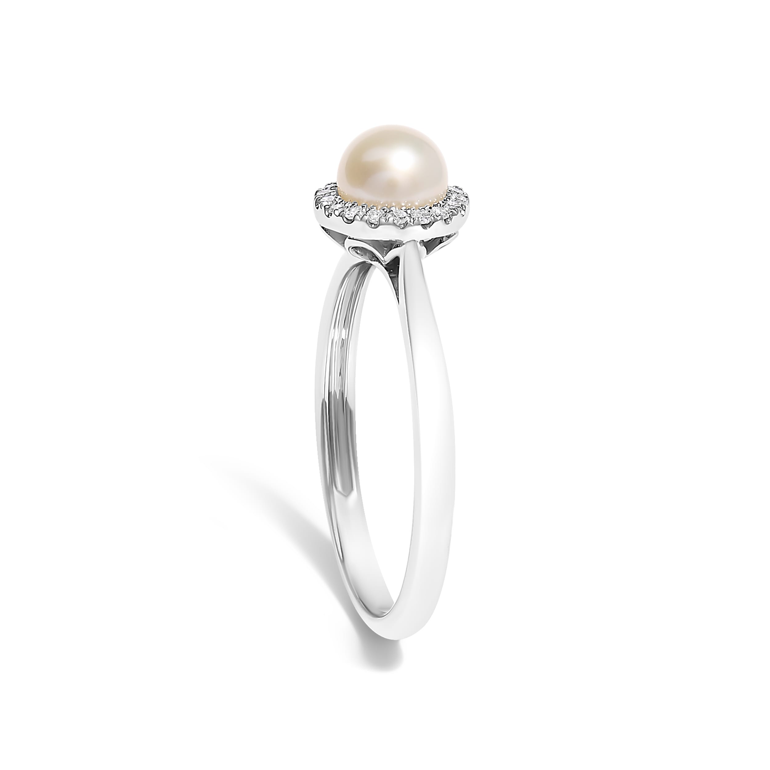 10K White Gold 5MM Cultured Freshwater Pearl  and Diamond Halo Ring (I-J Color, I1-I2 Clarity) - Ring Size 7.5