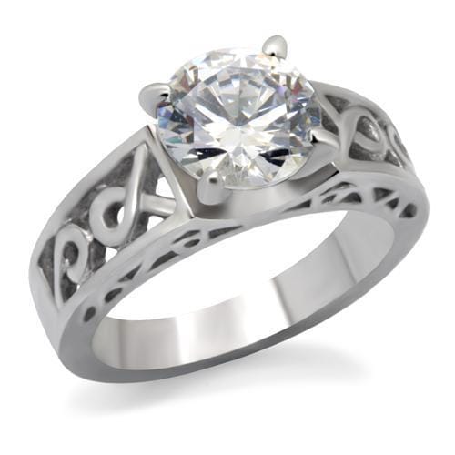 TK069 - High polished (no plating) Stainless Steel Ring with AAA Grade CZ in Clear