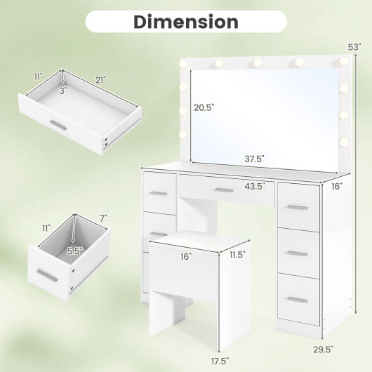 43.5-Inche Vanity Desk with Mirror and Lights for Bedroom-White