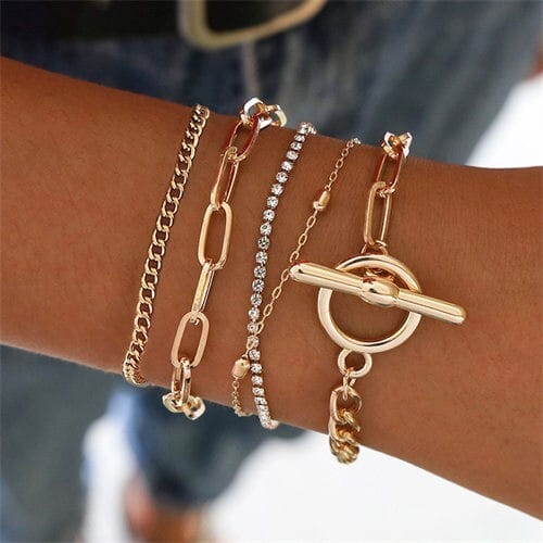 Hollow Chain Design Punk Fashion Vintage Triple Bracelet Set - Golden