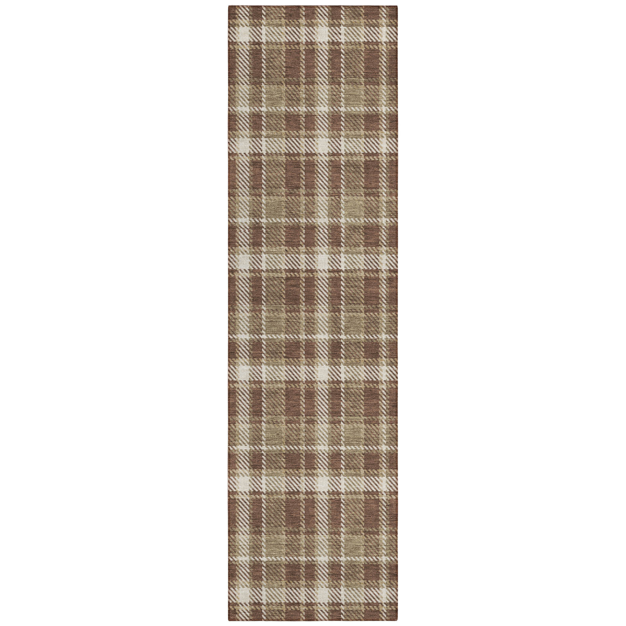 8' Runner Chocolate and Ivory Plaid Washable Non Skid Indoor Outdoor Runner Rug