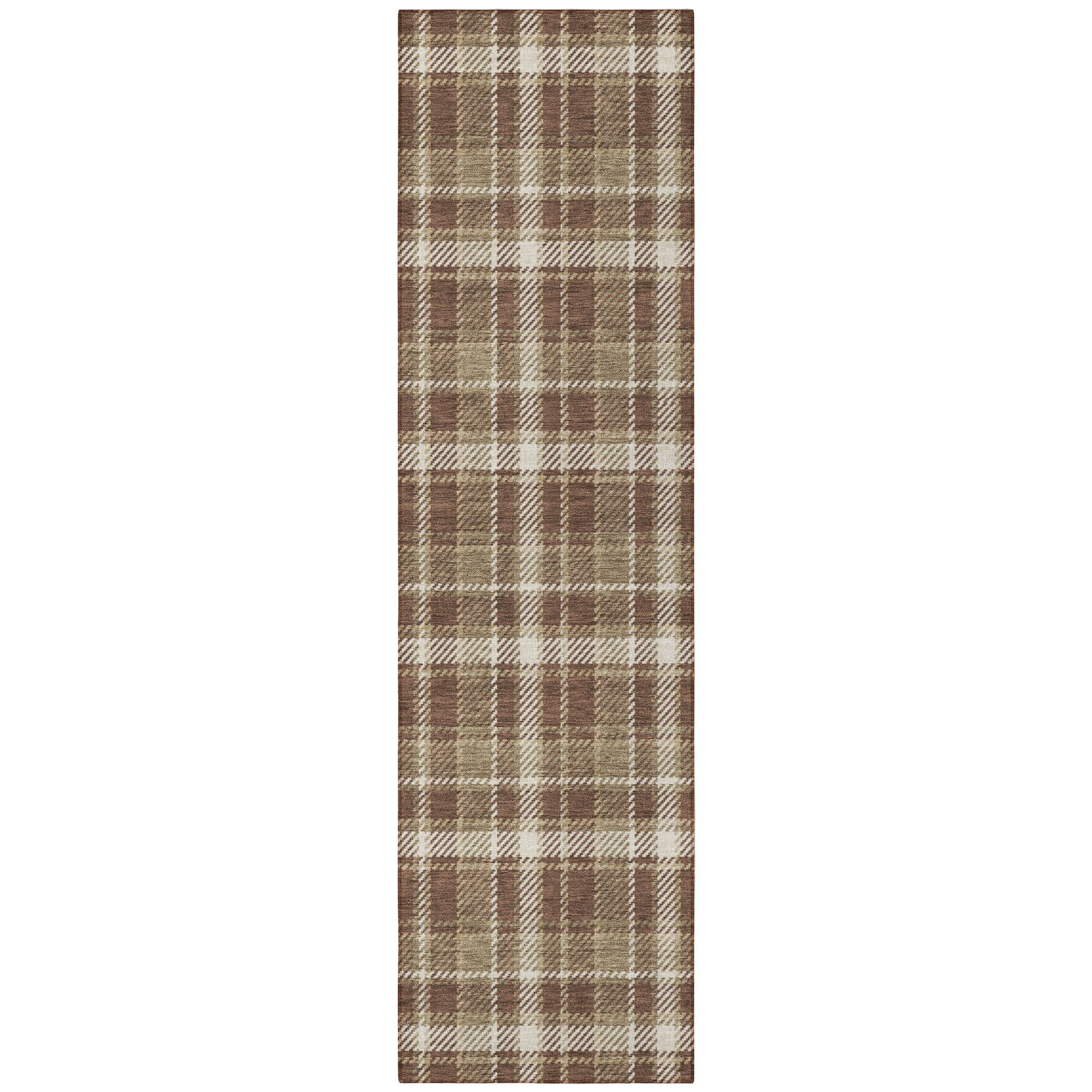 8' Runner Chocolate and Ivory Plaid Washable Non Skid Indoor Outdoor Runner Rug