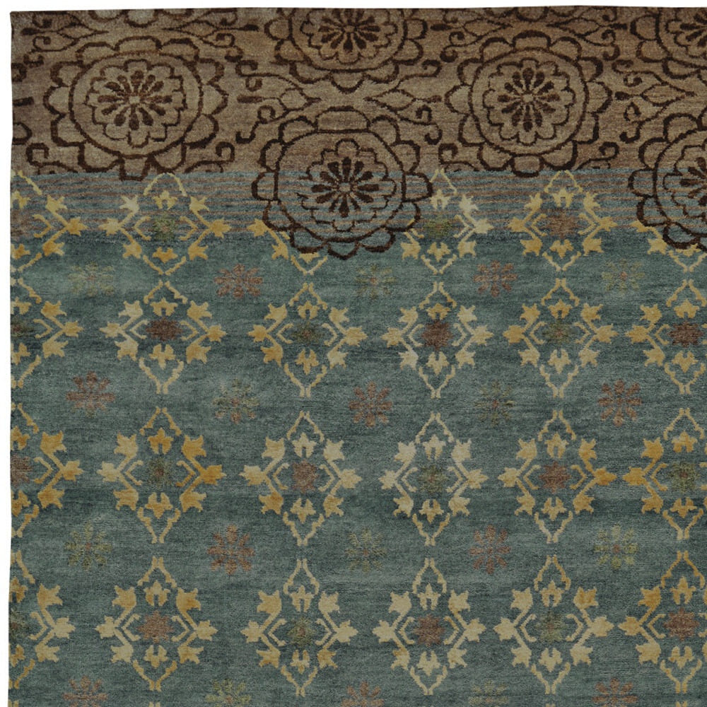 8' X 12' Green Blue and Brown Floral Hand Knotted Area Rug