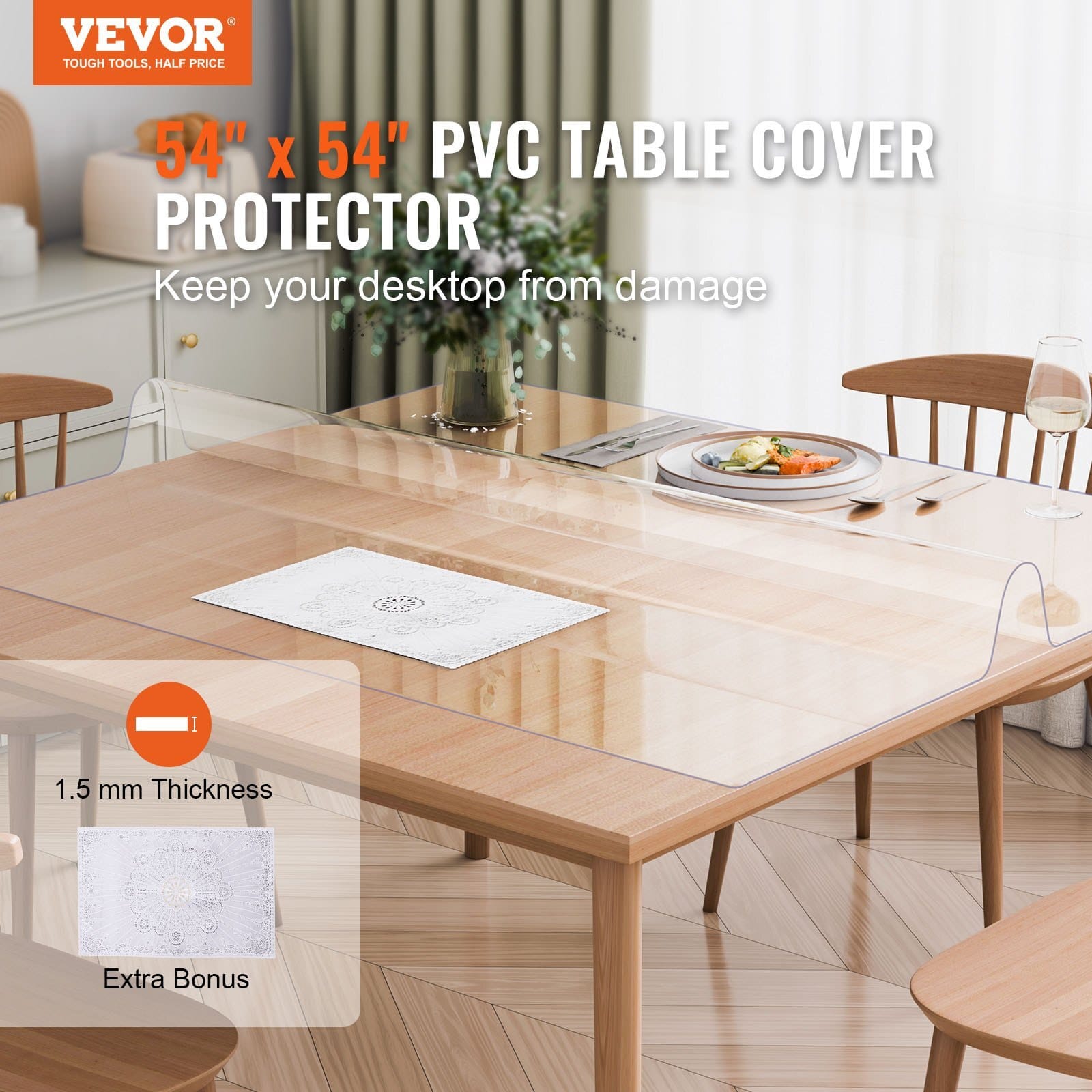 Plastic Table Cover, 54 x 54 Inch 1.5 mm Thick Clear Table Protector, Square PVC Desk Mat, Waterproof & Easy Cleaning Desk Pad Tablecloth, for Office Dresser Dining Room Table Night Stand
