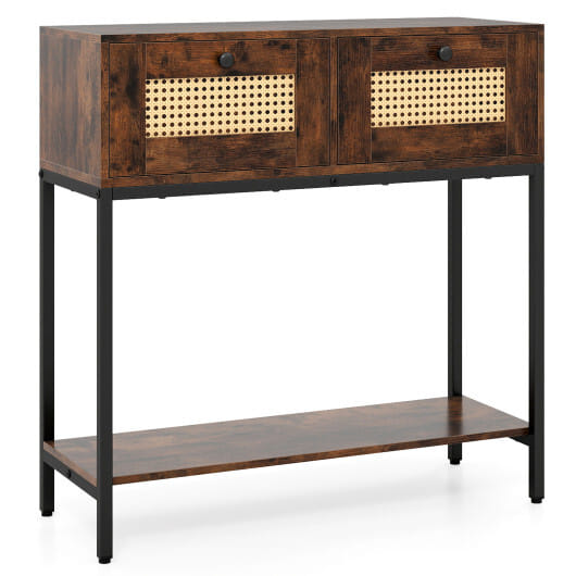 Rattan Console Table Boho Entryway Table with 2 Rattan Drawers and Open Storage Shelf-Rustic Brown - Color: Rustic Brown
