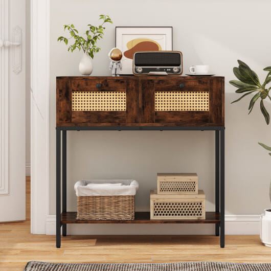 Rattan Console Table Boho Entryway Table with 2 Rattan Drawers and Open Storage Shelf-Rustic Brown - Color: Rustic Brown