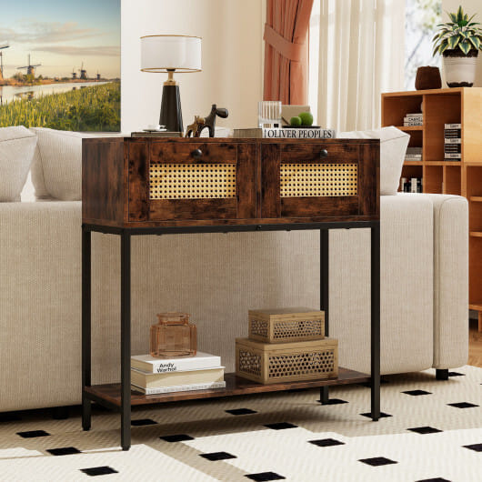 Rattan Console Table Boho Entryway Table with 2 Rattan Drawers and Open Storage Shelf-Rustic Brown - Color: Rustic Brown
