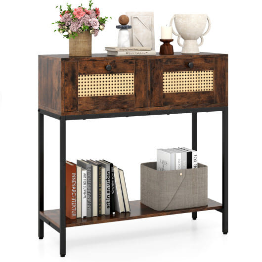 Rattan Console Table Boho Entryway Table with 2 Rattan Drawers and Open Storage Shelf-Rustic Brown - Color: Rustic Brown