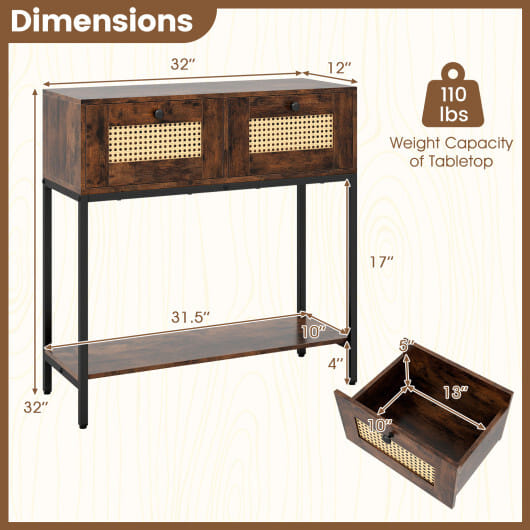 Rattan Console Table Boho Entryway Table with 2 Rattan Drawers and Open Storage Shelf-Rustic Brown - Color: Rustic Brown