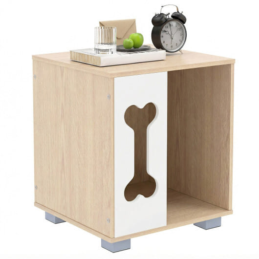 Cat Bed Side Table Wooden Cat Condo with Bone-shape Window and Thick Metal Legs-Natural - Color: Natural