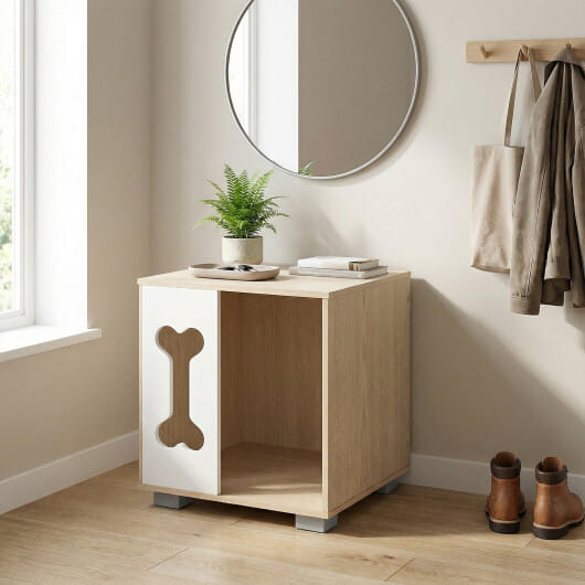 Cat Bed Side Table Wooden Cat Condo with Bone-shape Window and Thick Metal Legs-Natural - Color: Natural