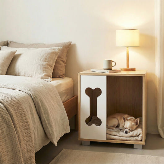 Cat Bed Side Table Wooden Cat Condo with Bone-shape Window and Thick Metal Legs-Natural - Color: Natural