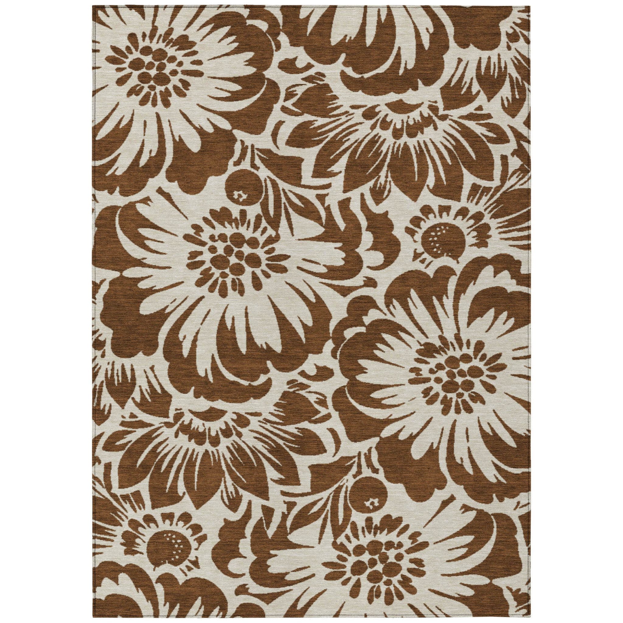 5' X 8' Brown and Ivory Floral Washable Non Skid Indoor Outdoor Area Rug