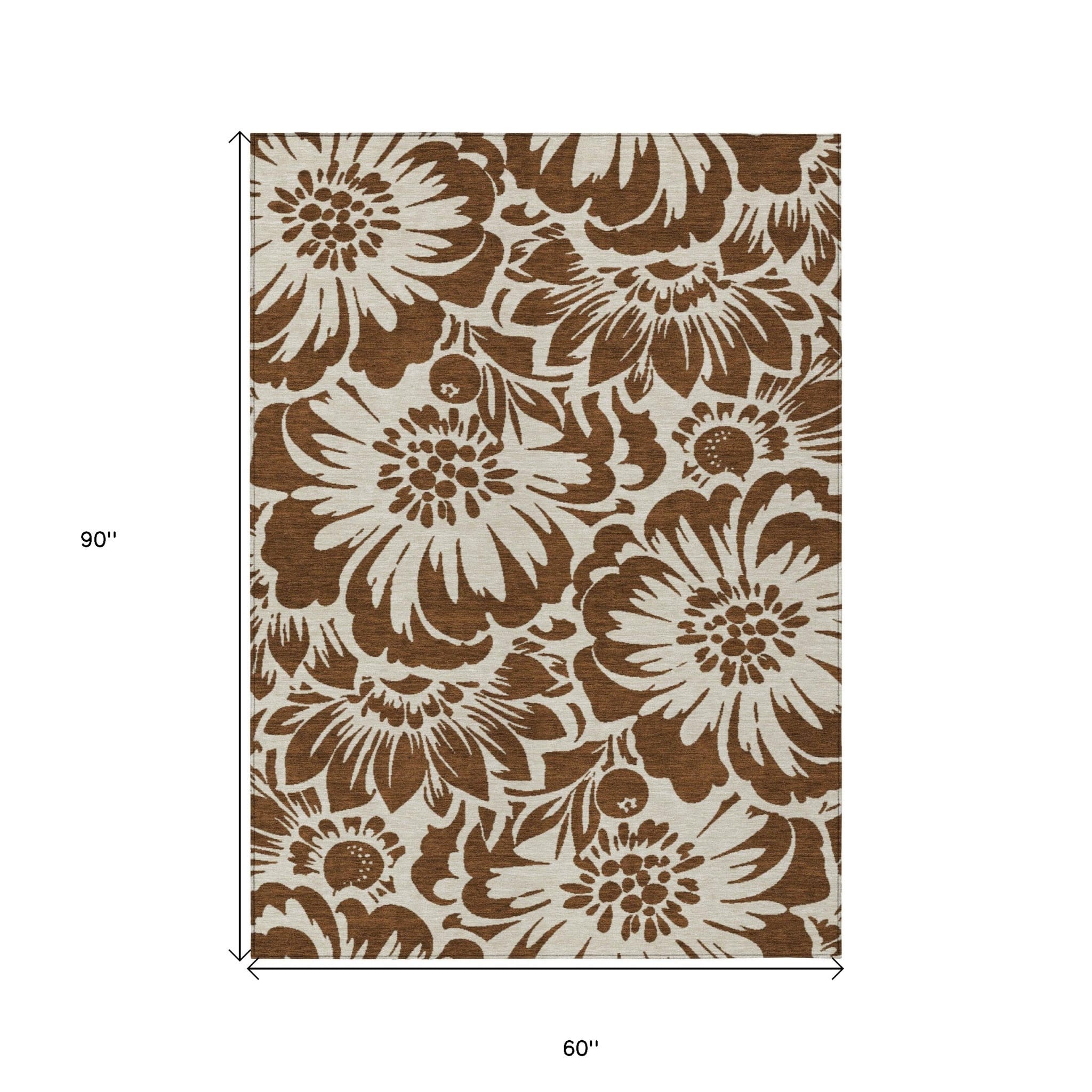 5' X 8' Brown and Ivory Floral Washable Non Skid Indoor Outdoor Area Rug