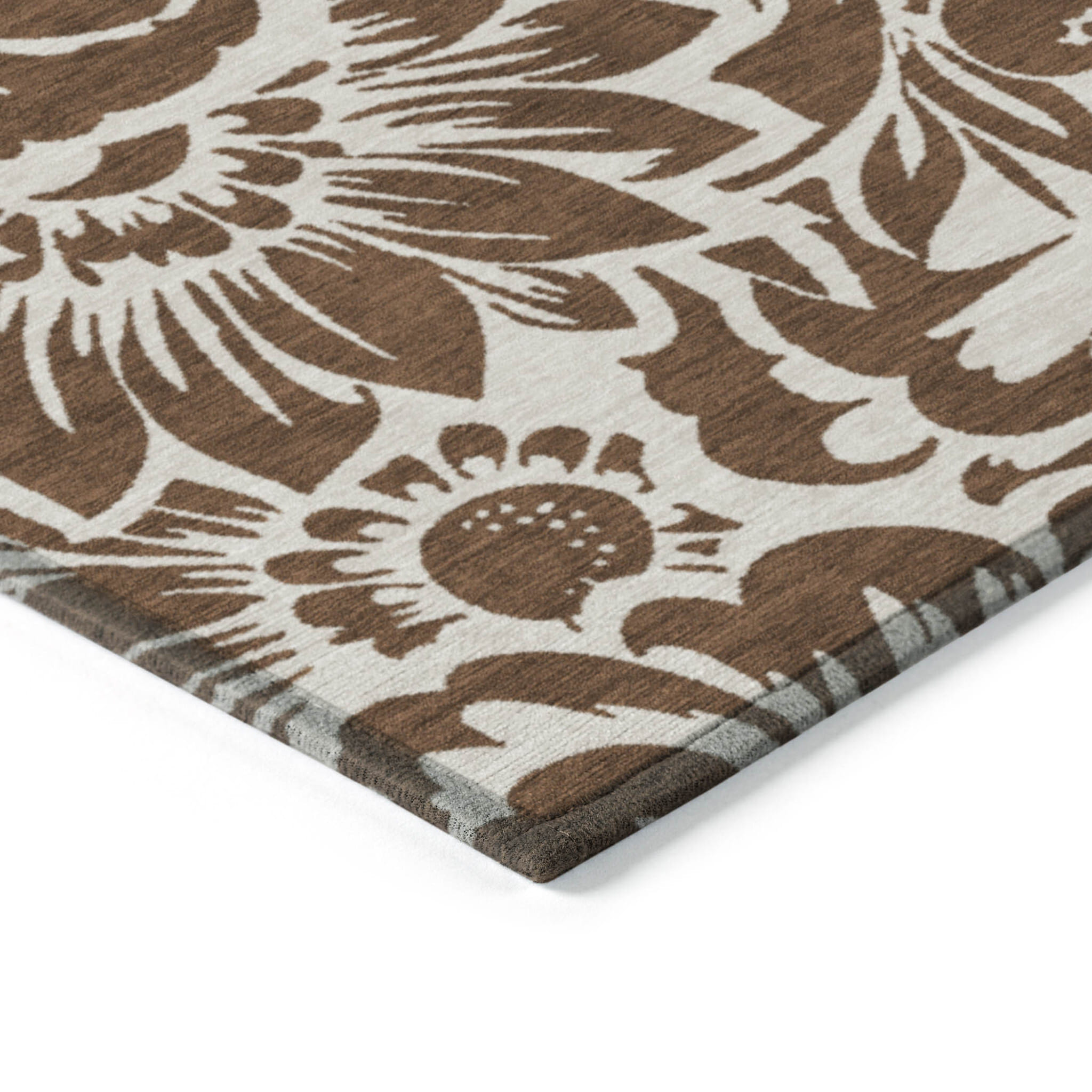 5' X 8' Brown and Ivory Floral Washable Non Skid Indoor Outdoor Area Rug
