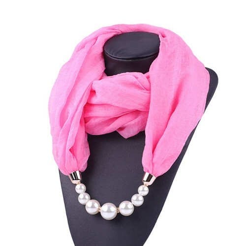 Pearl Embellished Solid Color Chiffon Women Scarf Necklace - Pink