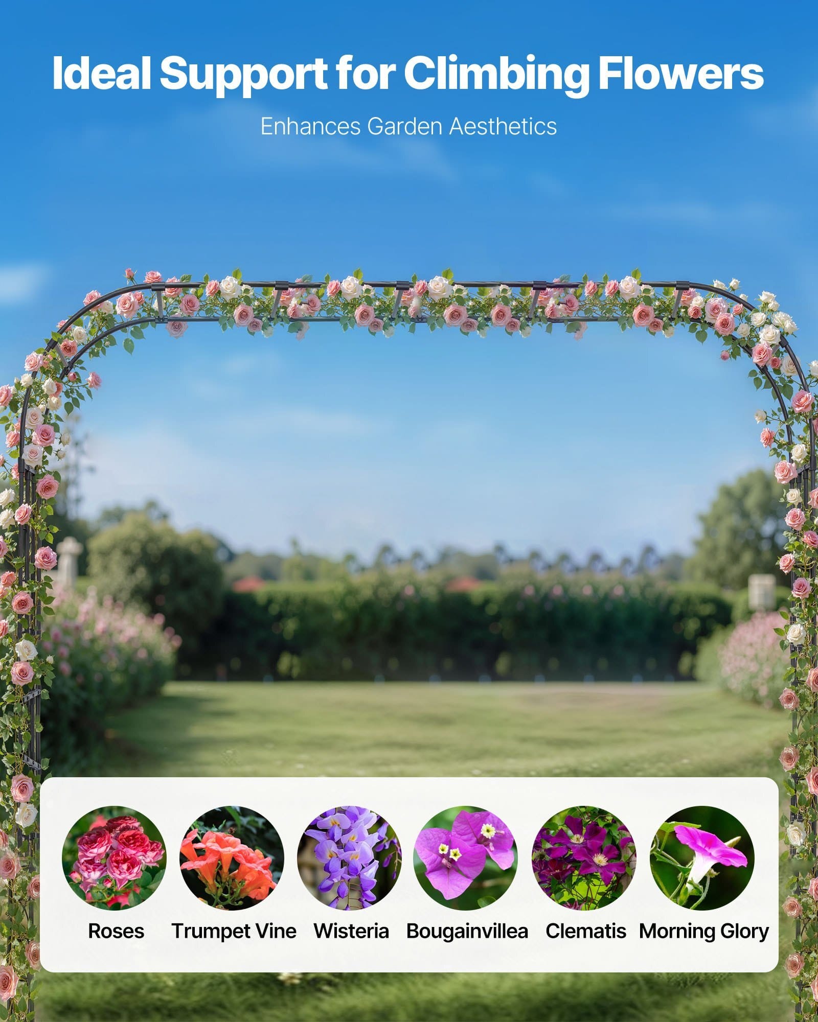 Garden Arbor, 94.5 (H) x 126 (W) x 15.8 (D) in Metal Archway, Sturdy Outdoor Trellis Arch with Stakes, Easy to Assemble, Pergola Arbor for Plant Climbing Yard Lawn Wedding Party Decoration