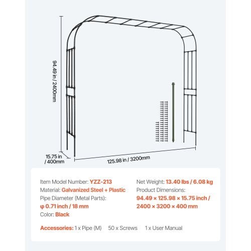 Garden Arbor, 94.5 (H) x 126 (W) x 15.8 (D) in Metal Archway, Sturdy Outdoor Trellis Arch with Stakes, Easy to Assemble, Pergola Arbor for Plant Climbing Yard Lawn Wedding Party Decoration
