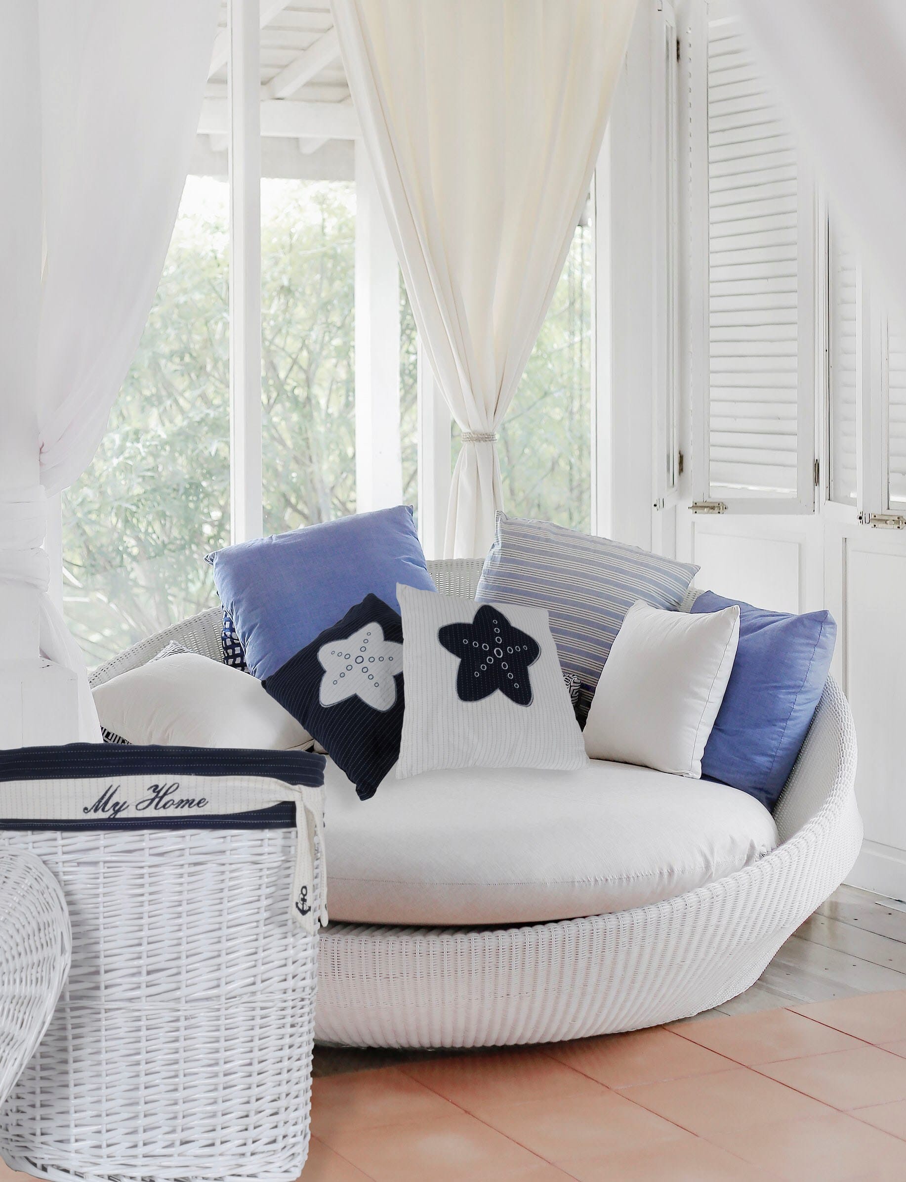 17" Blue and White Linen Throw Pillow