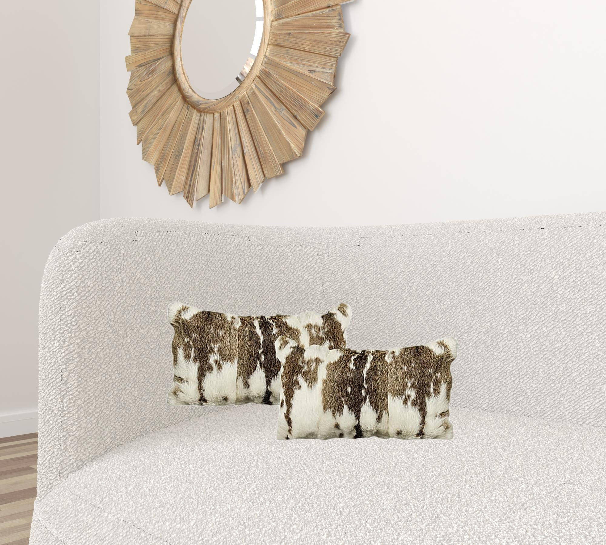 Set of Two 12" X 20" Brown and White Rabbit Natural Fur Throw Pillow