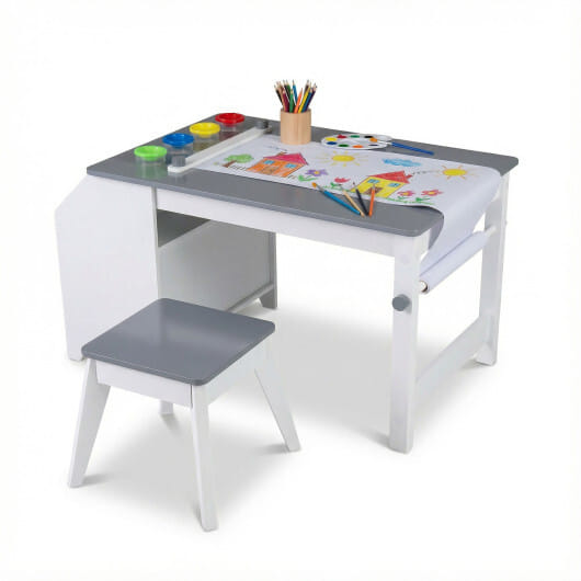 Kids Art Table and Stool Set Toddler Activity Desk with Paper Roll and 4 Paint Cups for Drawing Learning-Gray - Color: Gray