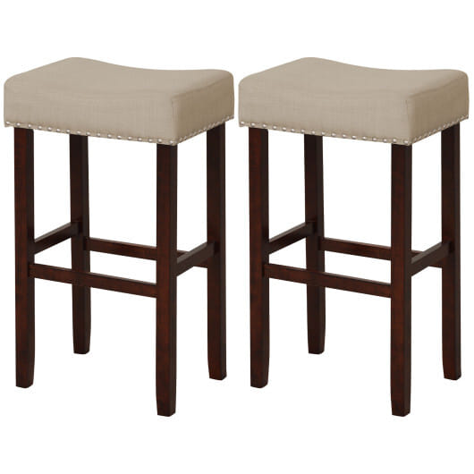 2 Set of 29 Inch Height Upholstered Bar Stool with Solid Rubber Wood Legs and Footrest-Beige - Color: Beige