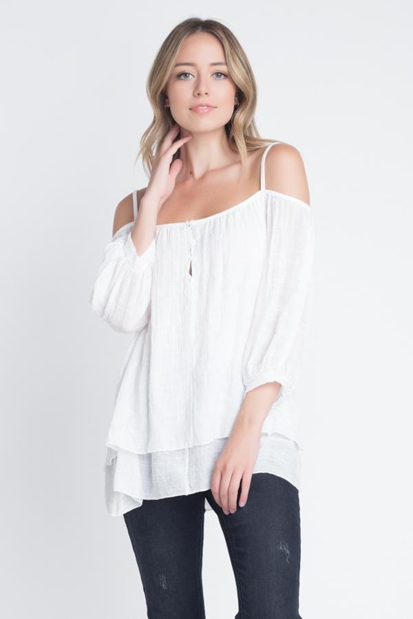 Women's 3/4 Sleeve Cold Shoulder Buttoned Top