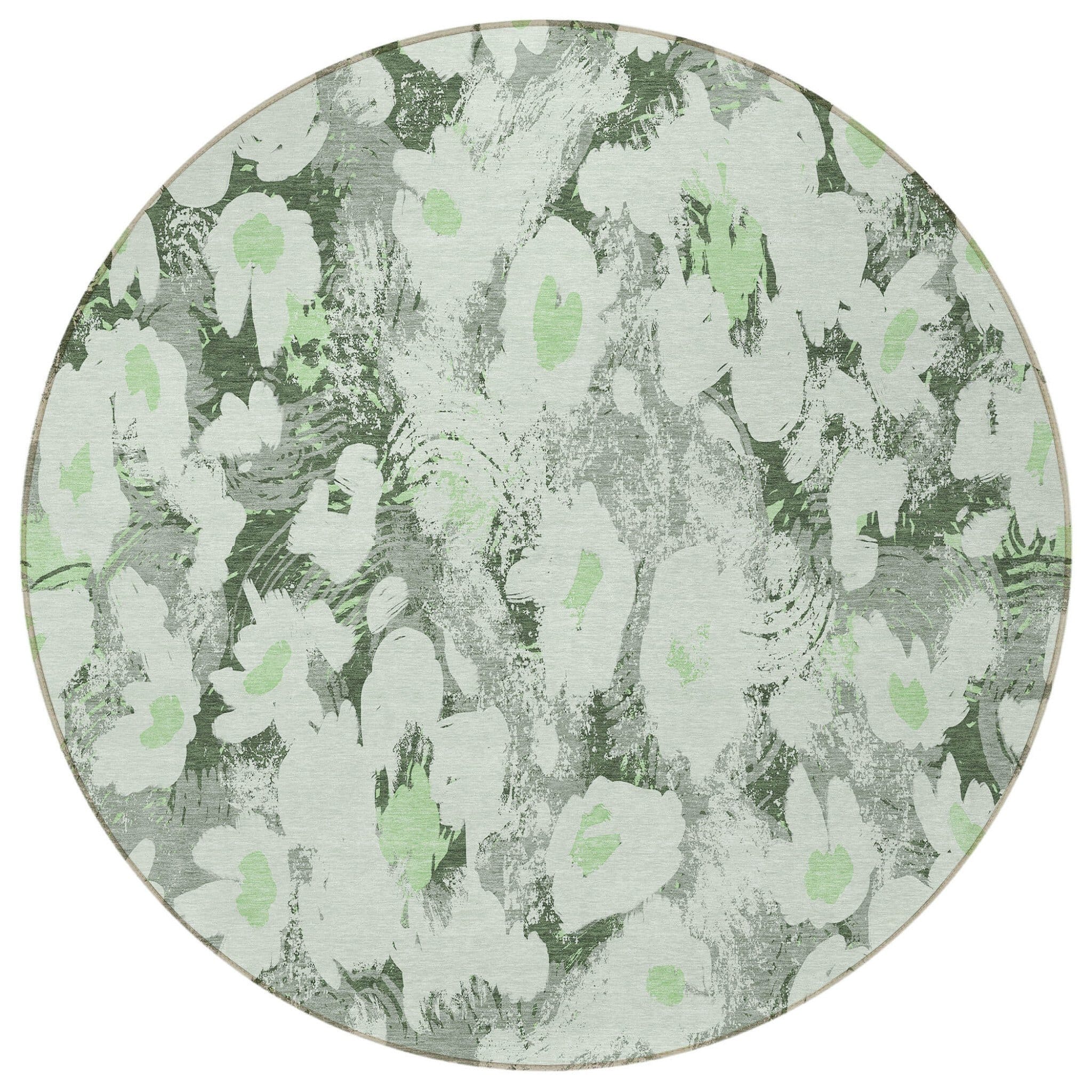 8' Round Artichoke Green Round Floral Washable Non Skid Indoor Outdoor Area Rug