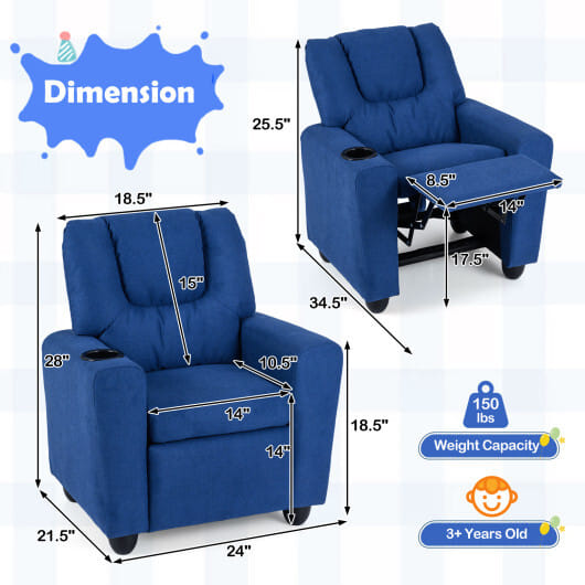 Costway Kids Recliner Chair Push Back Toddler Reclining Armchair with Cup Holder-Blue - Color: Blue
