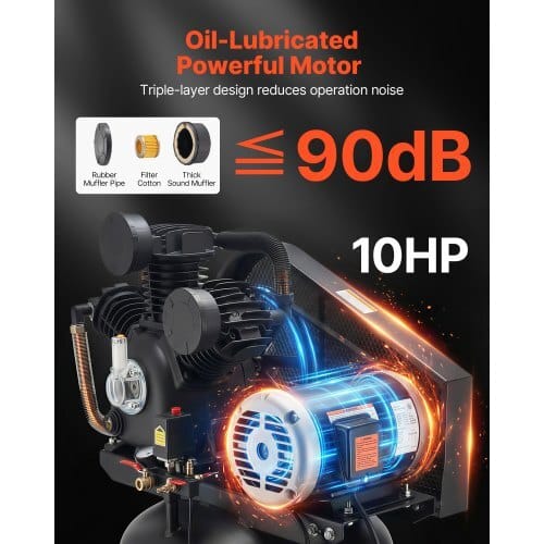 80 Gallons Heavy-Duty Air Compressor, 10HP 17 SCFM at 90PSI Air Compressors Max 175PSI, Oil-Lubricated Compressor Tank for Industrial Manufacturing, Large Workshops (230V 3-Phase, No Plug)
