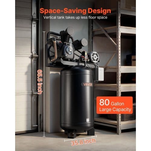 80 Gallons Heavy-Duty Air Compressor, 10HP 17 SCFM at 90PSI Air Compressors Max 175PSI, Oil-Lubricated Compressor Tank for Industrial Manufacturing, Large Workshops (230V 3-Phase, No Plug)