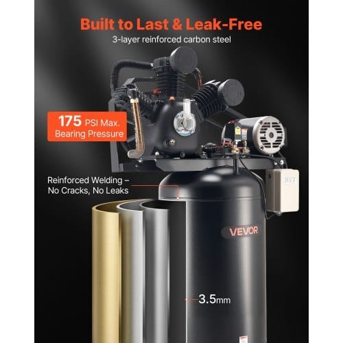 80 Gallons Heavy-Duty Air Compressor, 10HP 17 SCFM at 90PSI Air Compressors Max 175PSI, Oil-Lubricated Compressor Tank for Industrial Manufacturing, Large Workshops (230V 3-Phase, No Plug)