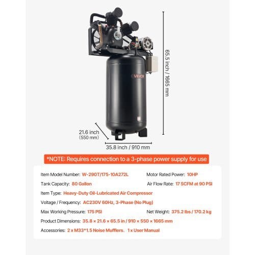 80 Gallons Heavy-Duty Air Compressor, 10HP 17 SCFM at 90PSI Air Compressors Max 175PSI, Oil-Lubricated Compressor Tank for Industrial Manufacturing, Large Workshops (230V 3-Phase, No Plug)