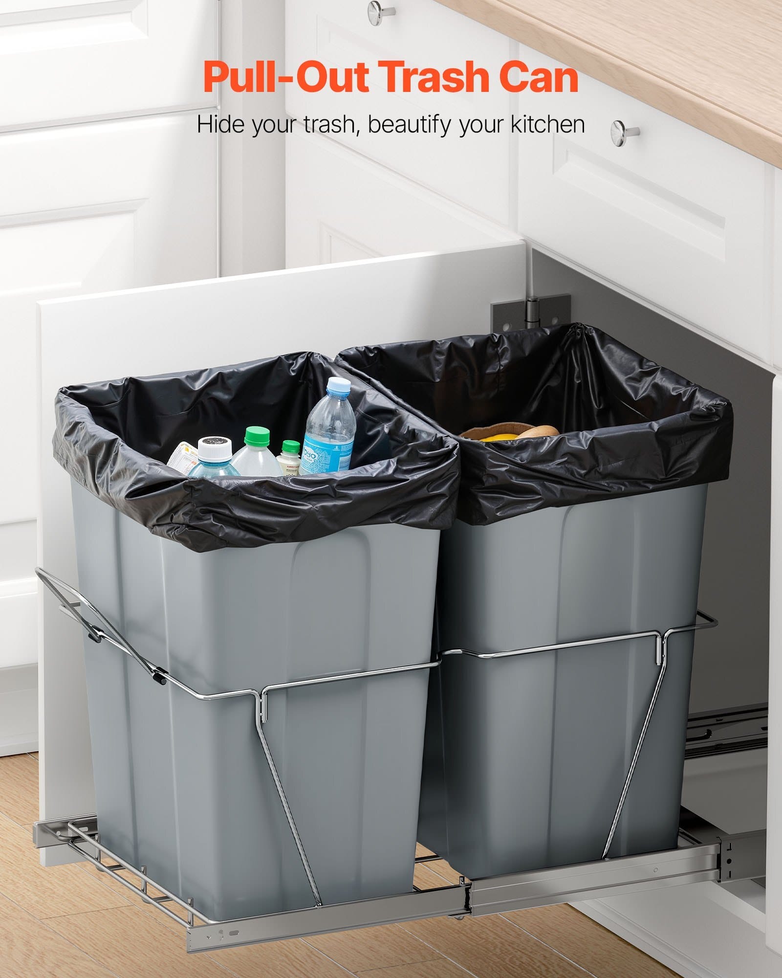Pullout Trash Can for Kitchen Cabinets, 35 QT x2 Double Under Sink Garbage Waste Recycling Bin, Under Mount Waste Container, with Heavy Duty Metal Full Extension Sliding System and Handle