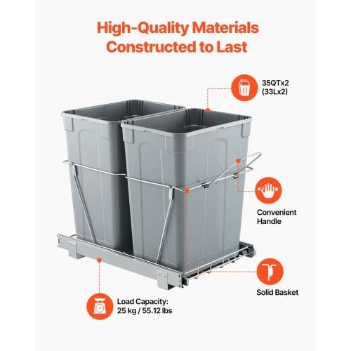 Pullout Trash Can for Kitchen Cabinets, 35 QT x2 Double Under Sink Garbage Waste Recycling Bin, Under Mount Waste Container, with Heavy Duty Metal Full Extension Sliding System and Handle