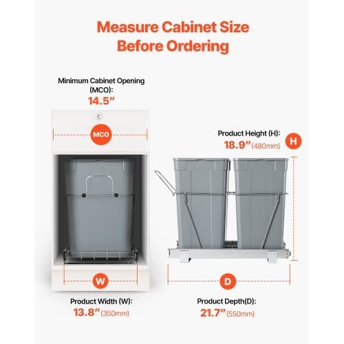 Pullout Trash Can for Kitchen Cabinets, 35 QT x2 Double Under Sink Garbage Waste Recycling Bin, Under Mount Waste Container, with Heavy Duty Metal Full Extension Sliding System and Handle