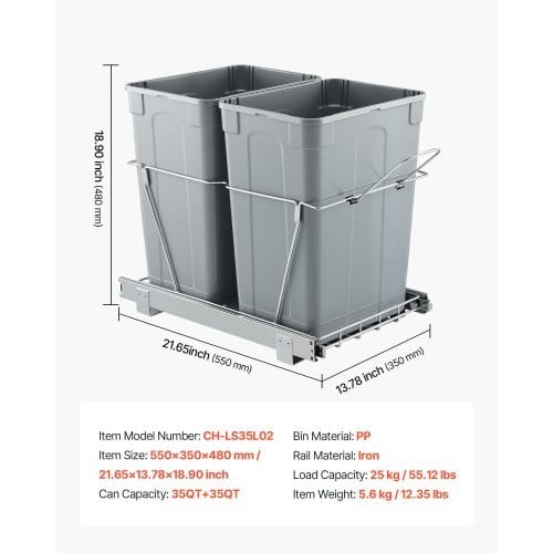 Pullout Trash Can for Kitchen Cabinets, 35 QT x2 Double Under Sink Garbage Waste Recycling Bin, Under Mount Waste Container, with Heavy Duty Metal Full Extension Sliding System and Handle
