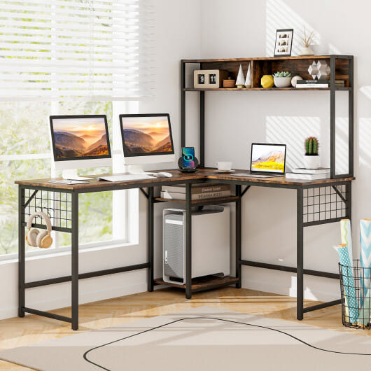 L-shaped Desk with Power Outlet Hutch-Black