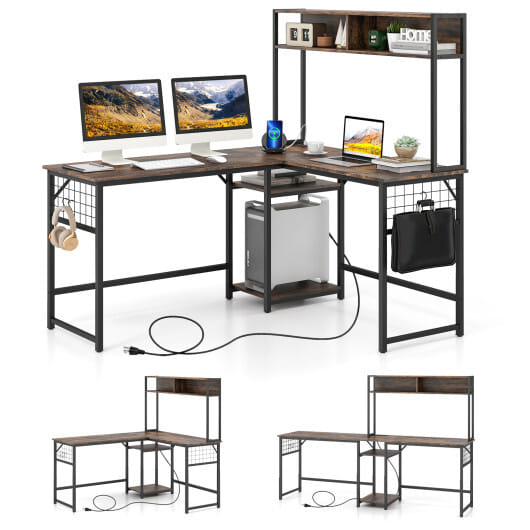 L-shaped Desk with Power Outlet Hutch-Black