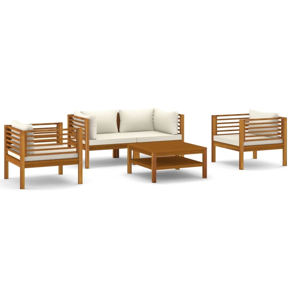 5 Piece Patio Lounge Set with Cream Cushion Solid Acacia Wood